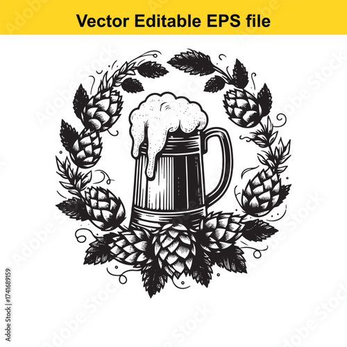 Vector art of beer mug with foam surrounded by hops