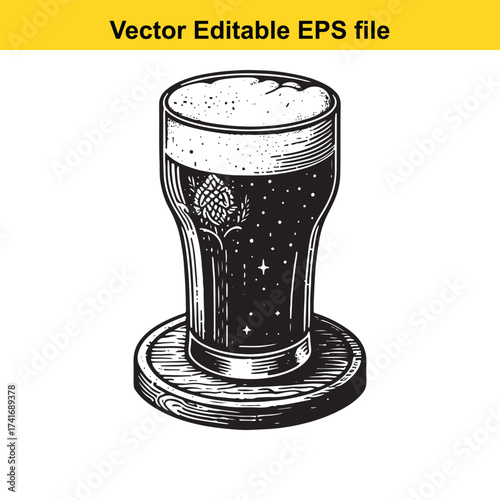 Vector art of vintage beer glass with hop illustration