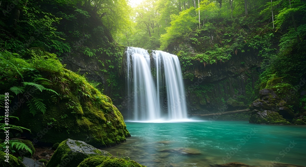 Obraz premium A stunning waterfall flowing into a turquoise pool surrounded by lush green forest. Perfect for travel and nature concepts.
