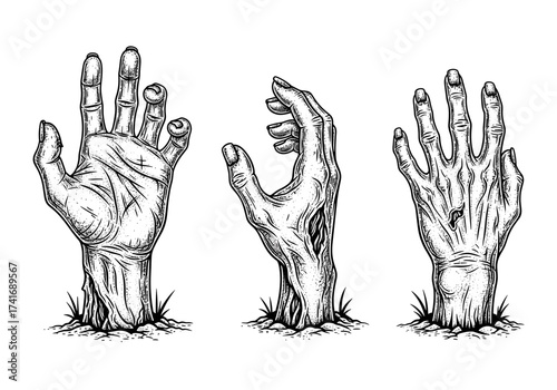 Zombie hand coming out of the ground from different angles Halloween collection – zombie hand palm, zombie hand back, zombie hand side view. Engraving sketch black-and-white vector art