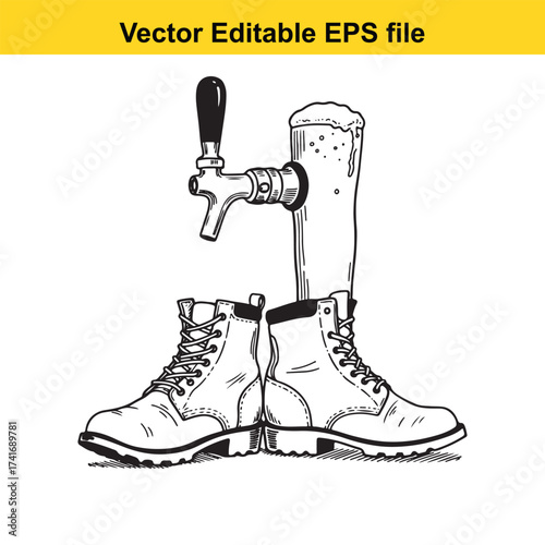 Vector art of pair of work boots with a beer tap and glass