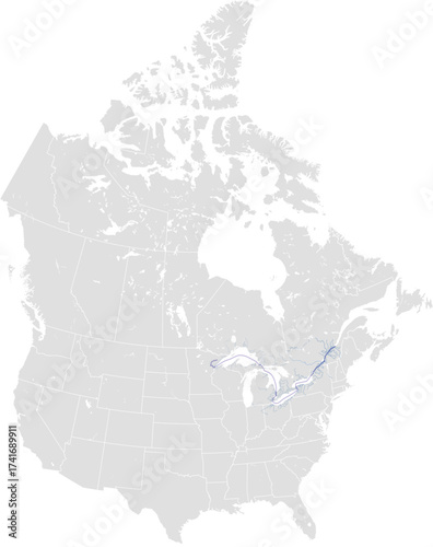 St. Lawrence river system – rivers vector map of North America highlighting main stem and primary tributaries (LCC Projection, scaled by river size, PPT-compatible, multi-layered & fully editable)