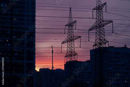 power lines at sunset in Saint-Petersburg Russia