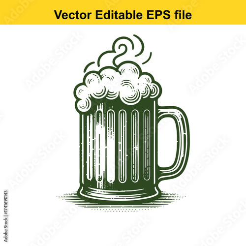 Vector art of mug of frothy beer with steam