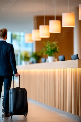 Business traveler checking in at hotel front desk with suitcase, modern interior and hospitality service concept