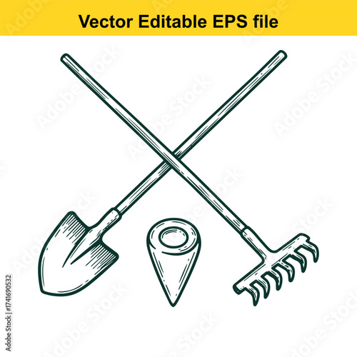 Vector art of gardening tools shovel and rake crossed with pin icon
