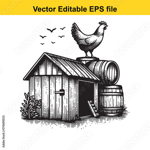 Vector art of farm scene with chicken on barrels and wooden shed
