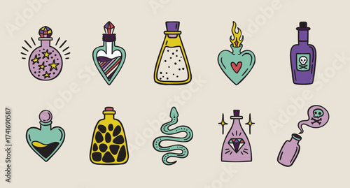 Potion bottles set, poisons, love potions, sparkles, boho mystical witchy hand drawn style