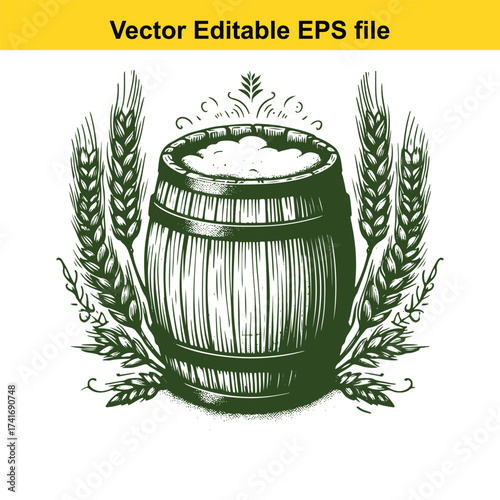 Vector art of barrel of beer with wheat ears