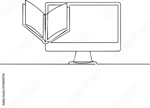 Continuous line art depicting an open book and a computer monitor, symbolizing e-learning and digital education