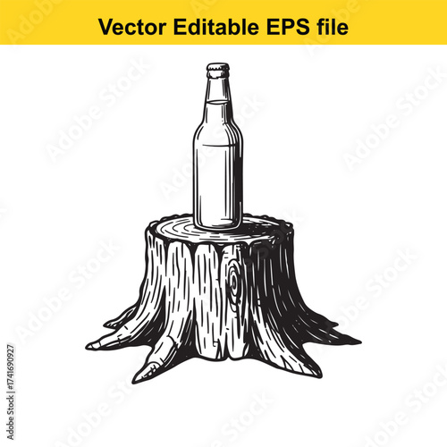 Vector art of a bottle of beer on a tree stump