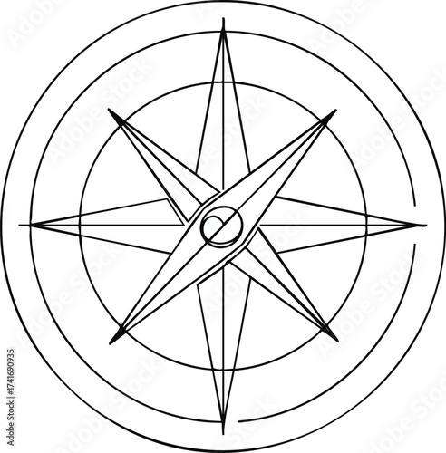 Minimalist black and white line art illustration of a compass rose