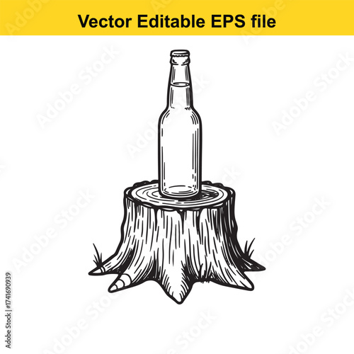 Vector art of a bottle of beer on a tree stump