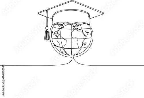 Minimalist continuous line art of a graduation cap atop a heart-shaped globe, symbolizing global education, academic achievement, and international learning concepts
