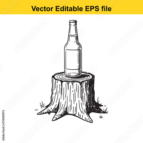 Vector art of bottle of beer on a tree stump
