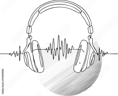 Minimalist illustration of headphones connected to a sound wave. Depicts music, audio, listening, and sound