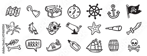 pirate adventure and sea elements. ship, coins, bottle, anchor doodle hand drawn icon set. Outline drawing pirate sea adventure line clipart symbol collection