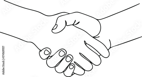 Simple black and white line art illustration of two hands firmly shaking in a gesture of agreement, partnership, or greeting