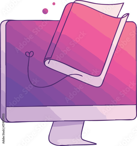 Vibrant gradient illustration of a book floating out of a computer screen, representing e-learning, online courses, and digital libraries