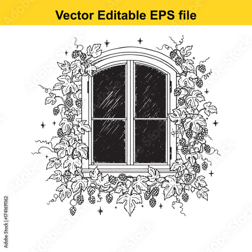 Vector art of arched window with climbing hops and stars