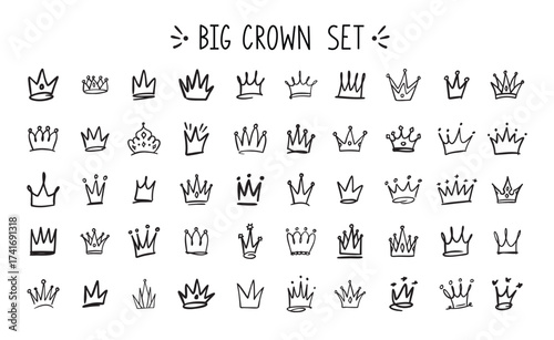 Hand drawn Crown vector set. Doodle collection. Drawing crowns. Royal head, Queen crown, King crown, various design.