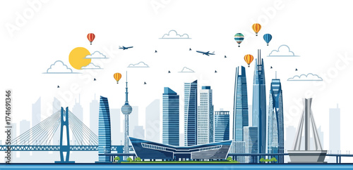 City Skyline Vector Modern Urban Landscape with Skyscrapers and Architectural Landmarks