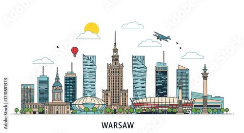 Illustration of the Warsaw skyline, showcasing iconic modern skyscrapers and historical landmarks under a clear blue sky with a biplane