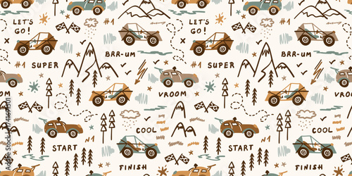 Vector Toy Racing Cars. Buggy Car and Highlands Seamless Pattern. Doodle Transportation Background for Kids in Earth Colors. 