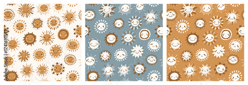 Vector Set of Cute Smiling Sun Seamless Patterns Earthy colors for Kids Fashion, Textile, Nursery, Baby Shower Design