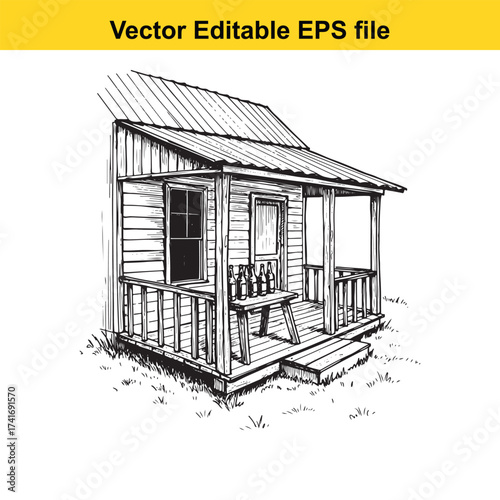 Vector art of rustic wooden shack with bottles on a table, sketch style