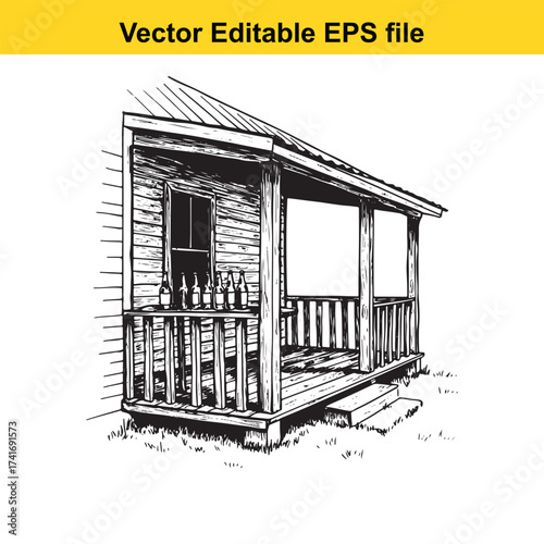 Vector art of old wooden porch with bottles on railing