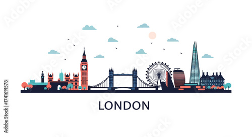 Iconic London skyline silhouette featuring famous landmarks against a backdrop of clouds and sky