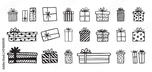 Hand drawn gift boxes doodle outline set. Present box