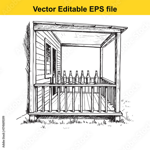 Vector art of rustic porch with multiple bottles lined up on the railing