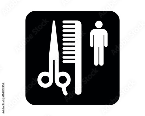 Barber Shop pictogram with scissors, comb, and male figure symbol – minimal signage icon for grooming services, hospitality zones, and civic UI systems – High-Quality Vectorial Stock Image