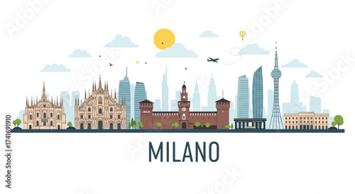 Milan Skyline Illustration Iconic Landmarks and Modern Architecture in Italy