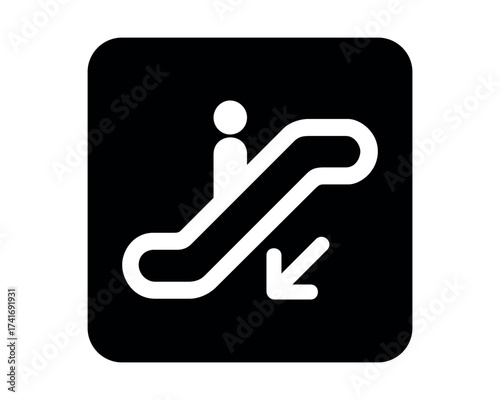 Escalator Down pictogram with descending figure symbol – minimal signage icon for vertical transport, public access zones, and civic UI systems – High-Quality Vectorial Stock Image