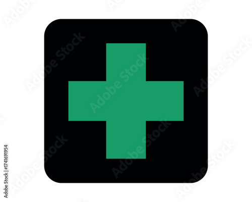 First Aid pictogram with green cross symbol – minimal signage icon for medical zones, emergency stations, and civic UI systems – High-Quality Vectorial Stock Image