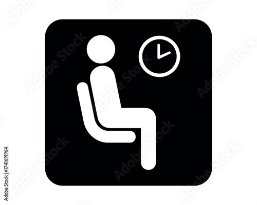 Waiting Room pictogram with seated figure and clock symbol – minimal signage icon for reception zones, public facilities, and civic UI systems – High-Quality Vectorial Stock Image
