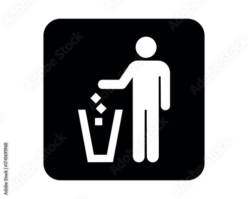 Litter Disposal pictogram with waste bin and figure symbol – minimal signage icon for cleanliness zones, public facilities, and civic UI systems – High-Quality Vectorial Stock Image