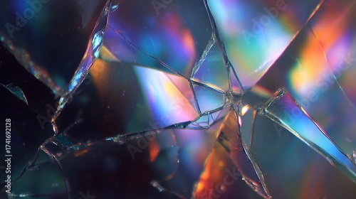 Close-up of fractured transparent material refracting light into a kaleidoscope of vibrant colors