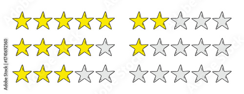Rating 1, 2, 3, 4, 5 stars doodle icon set. Gold star one, two, three, four, five hand drawn icon set. variable isolated stars rating