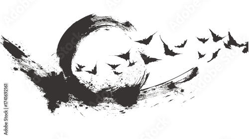 Asian brush painting of flying bats for halloween night illustration