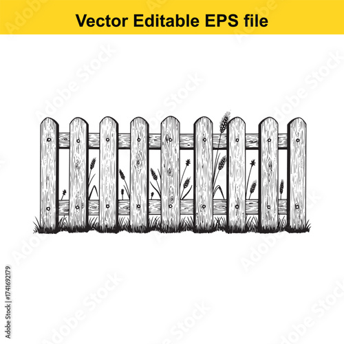 Vector art of hand drawn sketch of a wooden picket fence with grass and plants