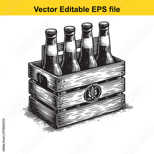 Vector art of wooden crate with four beer bottles