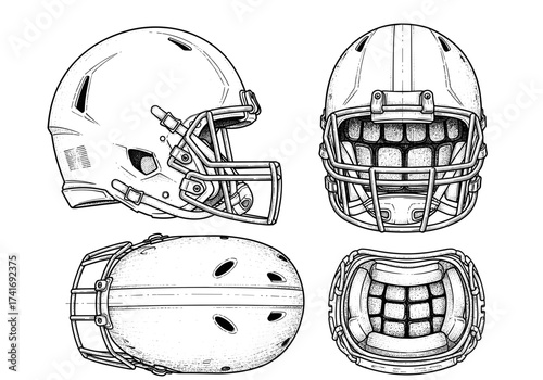 American football helmet from different angles – football helmet front, football helmet side, football helmet top. Engraving sketch, hand-drawn style, black-and-white vector illustration