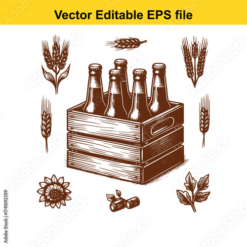 Vector art of beer crate with bottles, wheat, sunflower, and hops