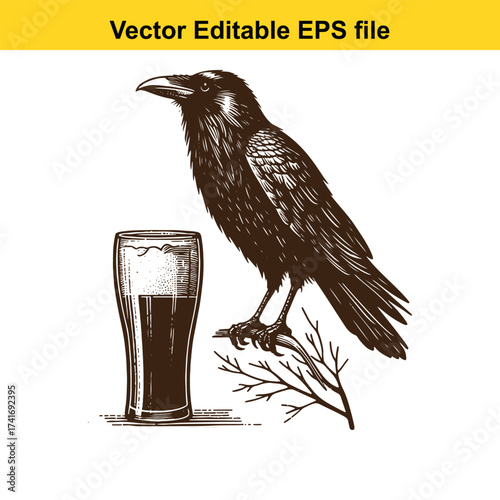 Vector art of raven with a glass of beer