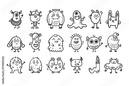 Monster alien doodle set, funny and cutes monster, hand drawn cartoon line monsters.