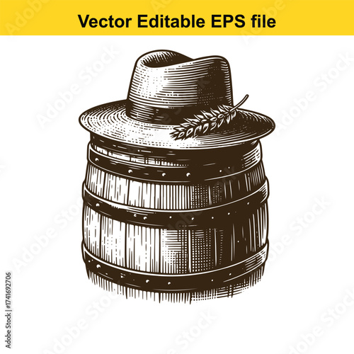Vector art of old straw hat with wheat stalk on a wooden barrel
